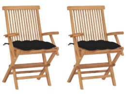 vidaXL Patio Chairs with Black Cushions 2 pcs Solid Teak Wood