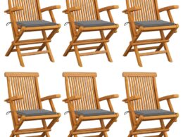 vidaXL Patio Chairs with Gray Cushions 6 pcs Solid Teak Wood
