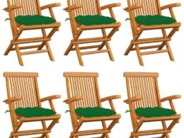vidaXL Patio Chairs with Green Cushions 6 pcs Solid Teak Wood