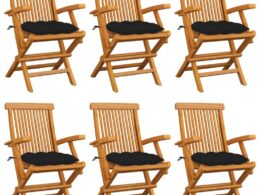 vidaXL Patio Chairs with Black Cushions 6 pcs Solid Teak Wood
