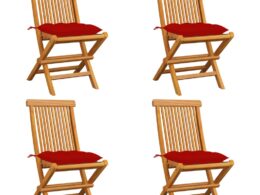 vidaXL Patio Chairs with Red Cushions 4 pcs Solid Teak Wood