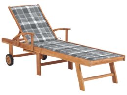 vidaXL Sun Lounger with Gray Check Pattern Cushion Solid Teak Wood