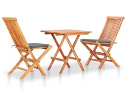 vidaXL 3 Piece Bistro Set with Gray Cushions Solid Teak Wood