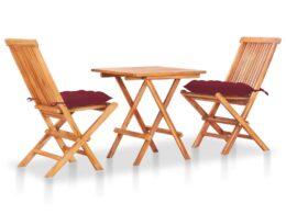 vidaXL 3 Piece Bistro Set with Wine Red Cushions Solid Teak Wood
