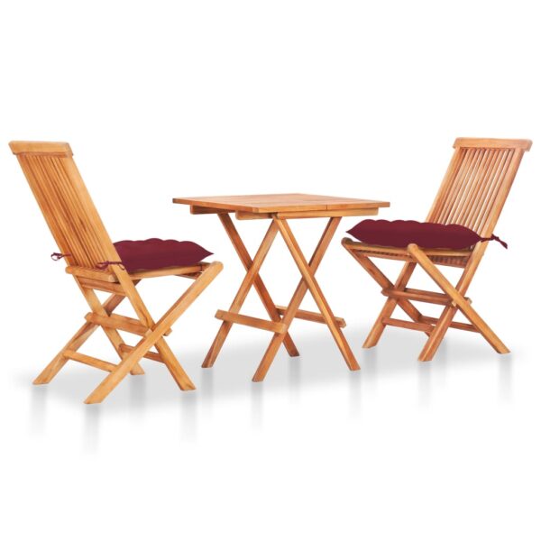 vidaXL 3 Piece Bistro Set with Wine Red Cushions Solid Teak Wood