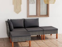 vidaXL 4 Piece Patio Lounge Set with Cushions Poly Rattan Gray