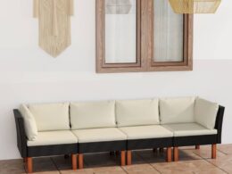 vidaXL 4-Seater Patio Sofa with Cushions Black Poly Rattan