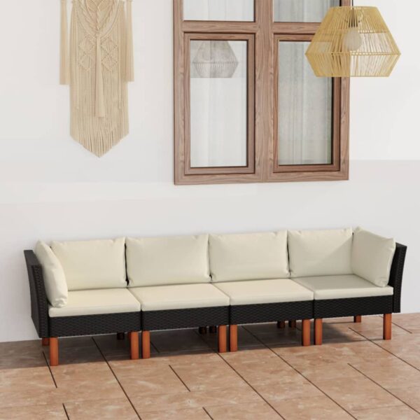 vidaXL 4-Seater Patio Sofa with Cushions Black Poly Rattan