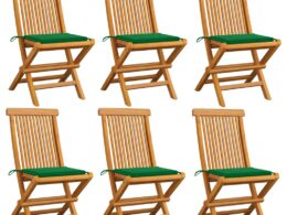vidaXL Patio Chairs with Green Cushions 6 pcs Solid Teak Wood