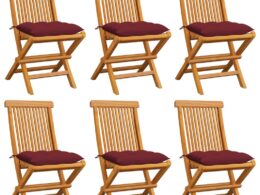 vidaXL Patio Chairs with Wine Red Cushions 6 pcs Solid Teak Wood
