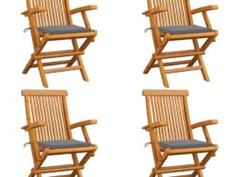 vidaXL Patio Chairs with Gray Cushions 4 pcs Solid Teak Wood