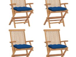 vidaXL Patio Chairs with Blue Cushions 4 pcs Solid Teak Wood