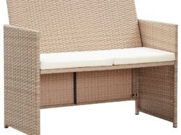 vidaXL 2 Seater Patio Sofa with Cushions Beige Poly Rattan