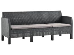 vidaXL 3-Seater Patio Sofa with Cushions Anthracite PP Rattan