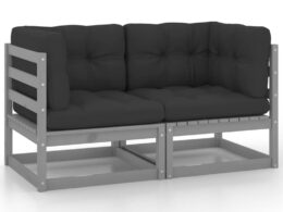 vidaXL Patio 2-Seater Sofa with Cushions Gray Solid Pinewood
