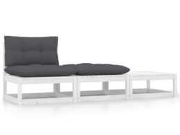 vidaXL 3 Piece Patio Lounge Set with Cushions White Solid Wood Pine