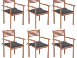 vidaXL Stackable Patio Chairs with Cushions 6 pcs Solid Teak Wood