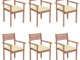 vidaXL Stackable Patio Chairs with Cushions 6 pcs Solid Teak Wood