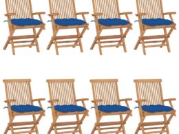 vidaXL Patio Chairs with Blue Cushions 8 pcs Solid Teak Wood