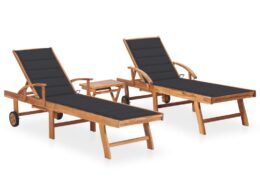 vidaXL Sun Loungers 2 pcs with Table and Cushion Solid Teak Wood