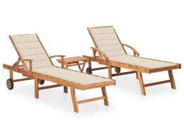 vidaXL Sun Loungers 2 pcs with Table and Cushion Solid Teak Wood