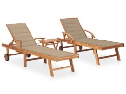 vidaXL Sun Loungers 2 pcs with Table and Cushion Solid Teak Wood