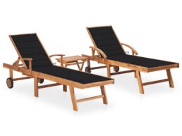 vidaXL Sun Loungers 2 pcs with Table and Cushion Solid Teak Wood
