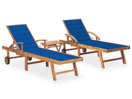 vidaXL Sun Loungers 2 pcs with Table and Cushion Solid Teak Wood