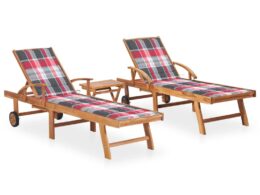 vidaXL Sun Loungers 2 pcs with Table and Cushion Solid Teak Wood