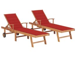 vidaXL Sun Loungers 2 pcs with Red Cushion Solid Teak Wood