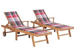 vidaXL Sun Loungers 2 pcs with Red Check Pattern Cushion Solid Teak Wood