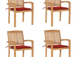 vidaXL Stacking Patio Chairs with Cushions 4 pcs Solid Teak Wood