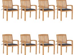vidaXL Stacking Patio Chairs with Cushions 8 pcs Solid Teak Wood