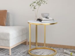 vidaXL Side Table Gold and White Marble 17.7" Tempered Glass