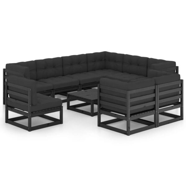 vidaXL 10 Piece Patio Lounge Set with Cushions Black Solid Pinewood