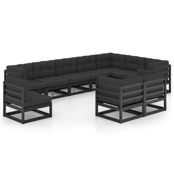 vidaXL 10 Piece Patio Lounge Set with Cushions Black Solid Pinewood