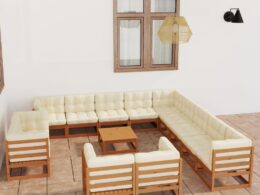 vidaXL 14 Piece Patio Lounge Set&Cushions Honey Brown Solid Pinewood