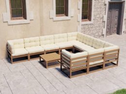 vidaXL 11 Piece Patio Lounge Set&Cushions Honey Brown Solid Pinewood
