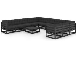 vidaXL 12 Piece Patio Lounge Set with Cushions Black Solid Pinewood