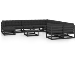 vidaXL 12 Piece Patio Lounge Set with Cushions Black Solid Pinewood