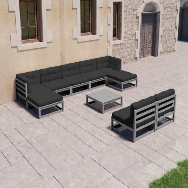 vidaXL 10 Piece Patio Lounge Set with Cushions Gray Solid Pinewood