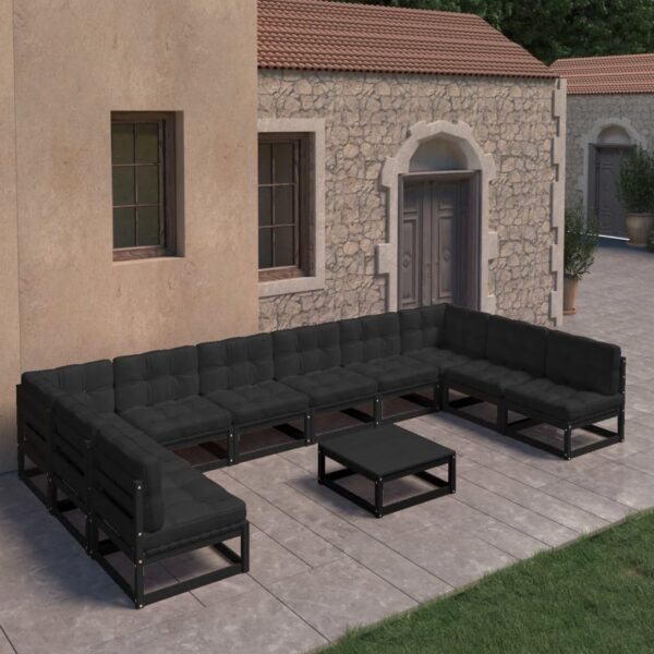 vidaXL 11 Piece Patio Lounge Set with Cushions Black Solid Pinewood