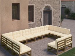 vidaXL 12 Piece Patio Lounge Set&Cushions Honey Brown Solid Pinewood