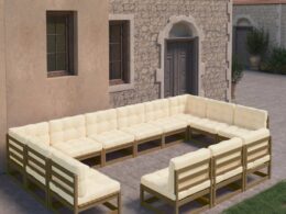 vidaXL 13 Piece Patio Lounge Set&Cushions Honey Brown Solid Pinewood