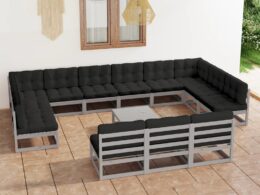 vidaXL 14 Piece Patio Lounge Set with Cushions Gray Solid Pinewood