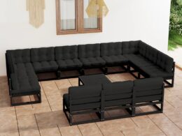 vidaXL 14 Piece Patio Lounge Set with Cushions Black Solid Pinewood