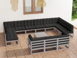 vidaXL 14 Piece Patio Lounge Set with Cushions Gray Solid Pinewood