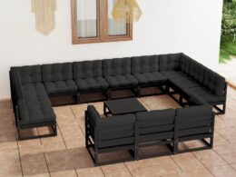 vidaXL 14 Piece Patio Lounge Set with Cushions Black Solid Pinewood
