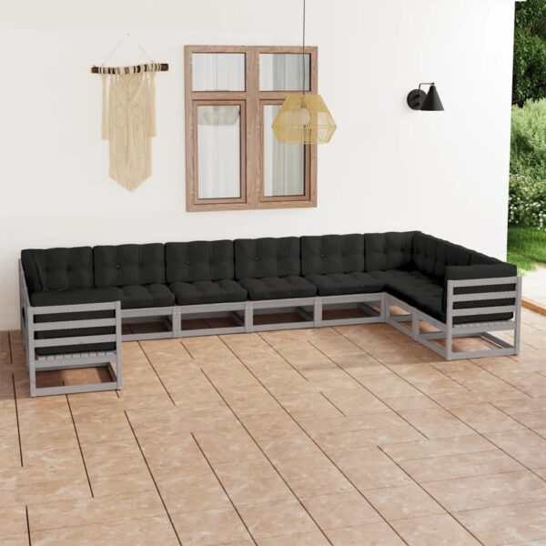 vidaXL 10 Piece Patio Lounge Set with Cushions Gray Solid Pinewood