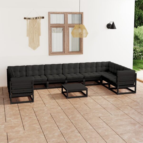 vidaXL 11 Piece Patio Lounge Set with Cushions Black Solid Pinewood